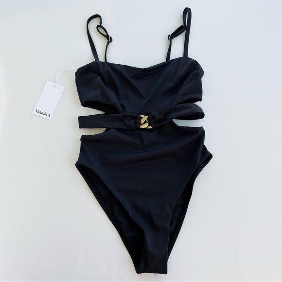 NEW Vitamin A Luxe Link Belted Classic Black One Piece Swimsuit size small - Picture 2 of 8